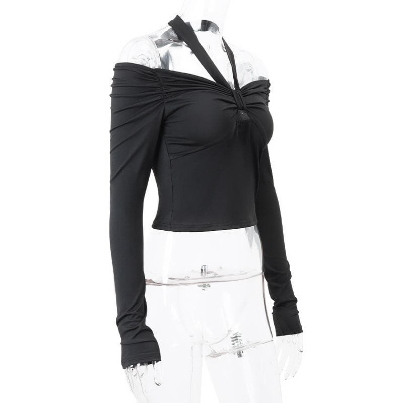 Long sleeve off shoulder halter ruched backless solid hollow out cut out top  | Festival Outfits Women