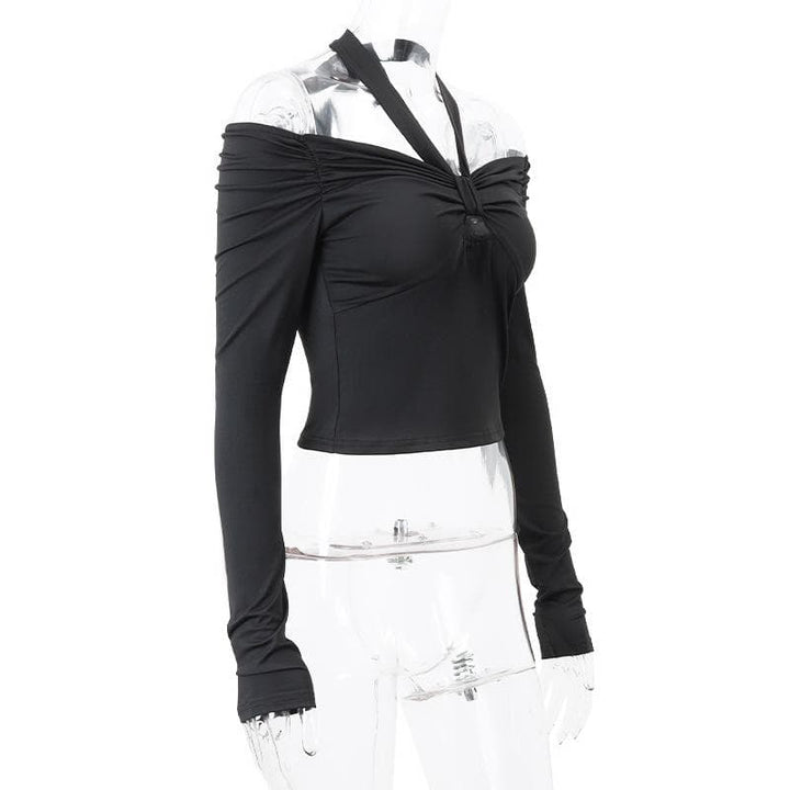 Long sleeve off shoulder halter ruched backless solid hollow out cut out top  | Festival Outfits Women