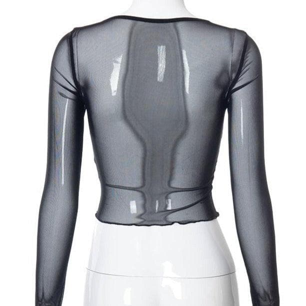 Hem lace ruffled long sleeve mesh crop top - Halibuy