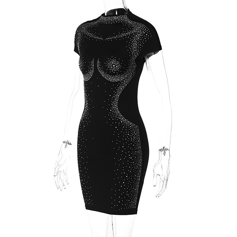 Short sleeve crewneck beaded high neck solid mini dress-final-sale