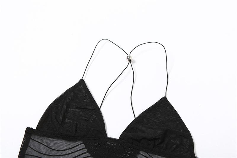 Sheer mesh butterfly applique see through backless solid top  | Festival Outfits Women