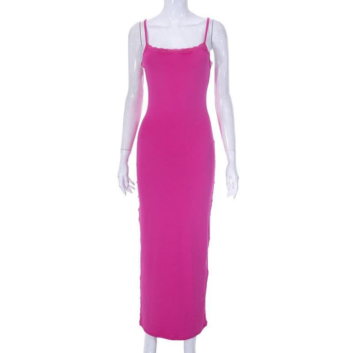 Lace hem square neck solid backless cami maxi dress- Final Sale