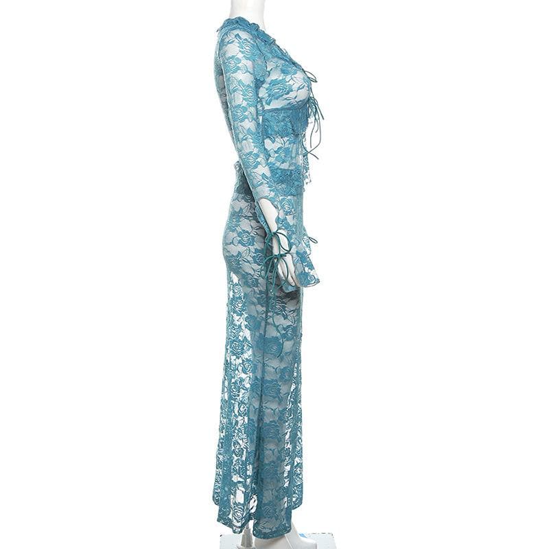 Lace see through self tie long sleeve ruffle maxi skirt set-final-sale