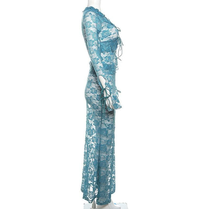 Lace see through self tie long sleeve ruffle maxi skirt set-final-sale