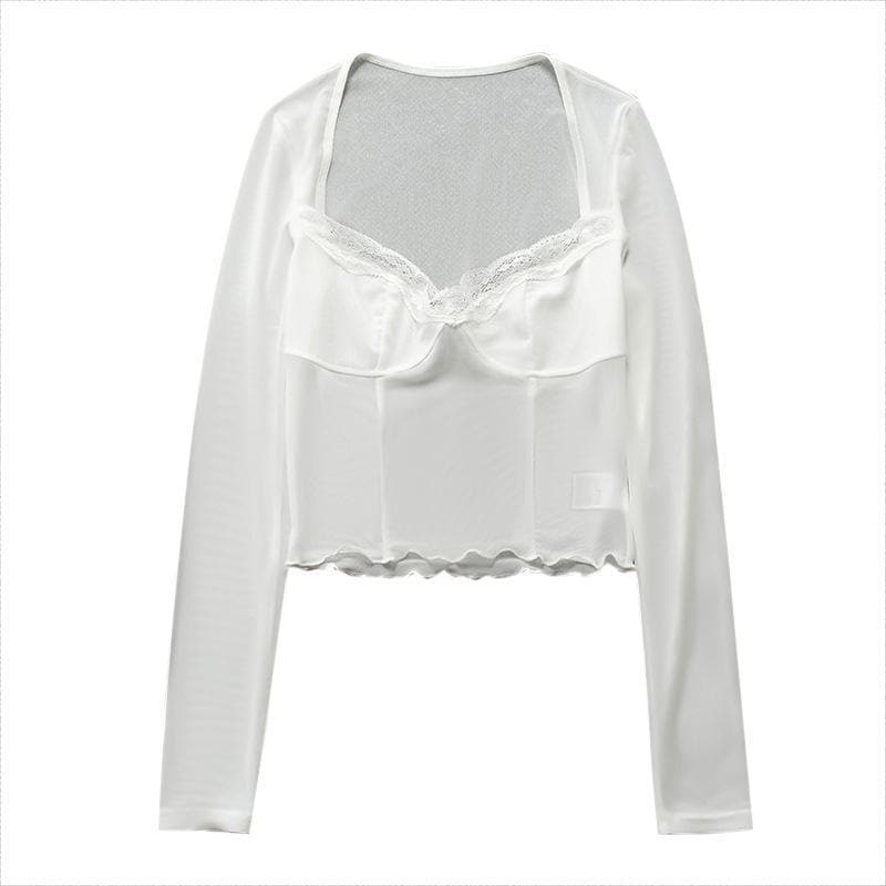 Hem lace ruffled long sleeve mesh crop top - Halibuy