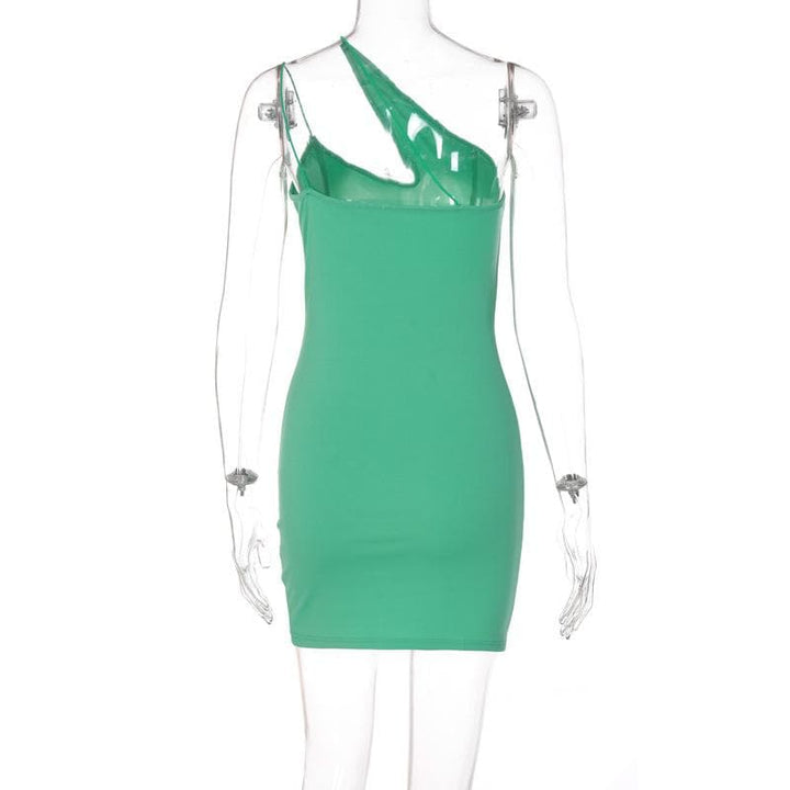 Hollow out slit solid sleeveless one shoulder backless cut out mini dress