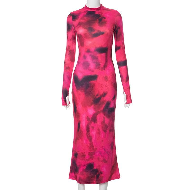 Tie dye gloves long sleeve contrast high neck midi dress - Final Sale  | Festival Outfits Women