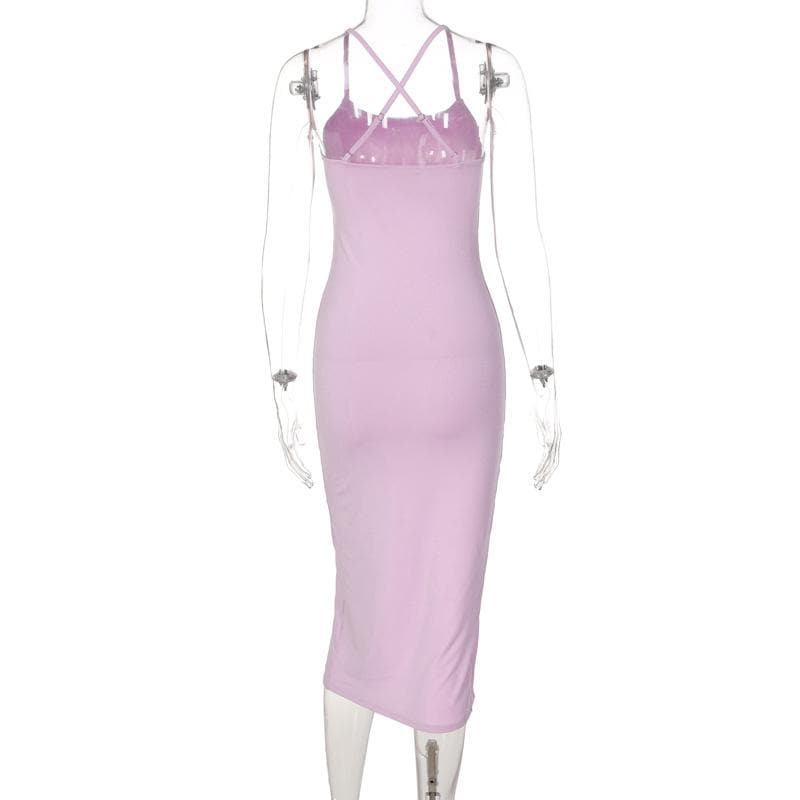 Cross back solid slit backless sleeveless midi dress-final-sale