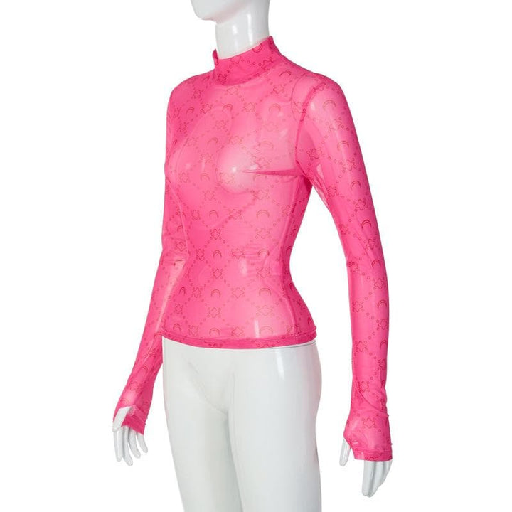 Sheer mesh see through solid long sleeve gloves print high neck top