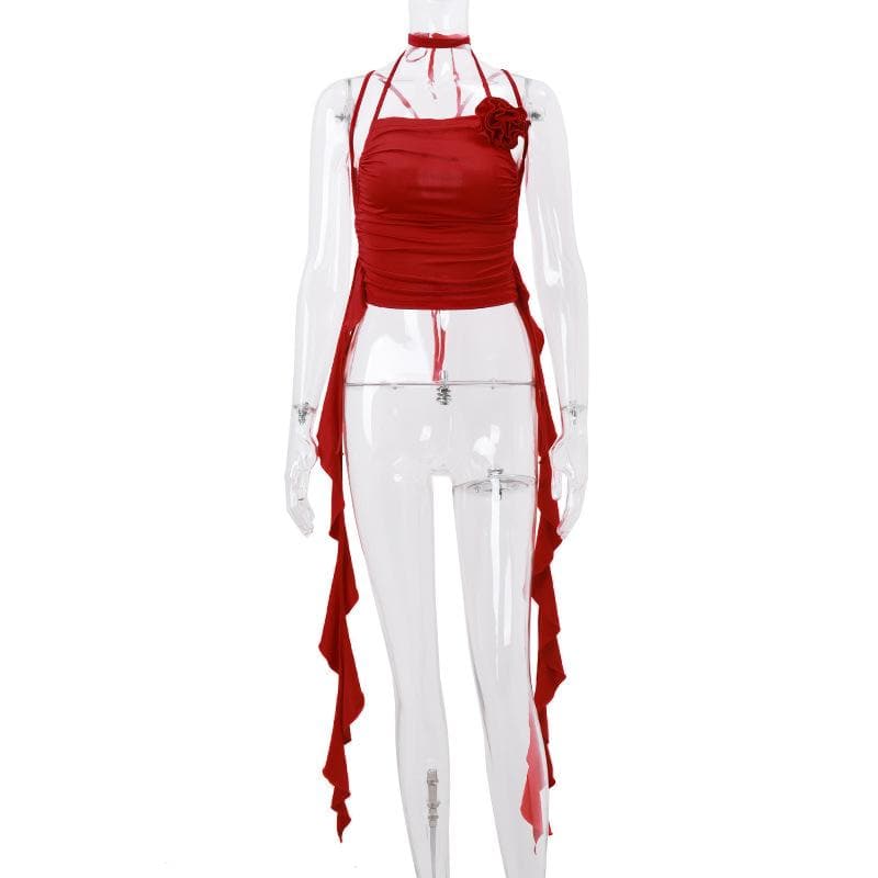 Halter ruched flower applique ruffle solid cross back crop top  | Festival Outfits Women