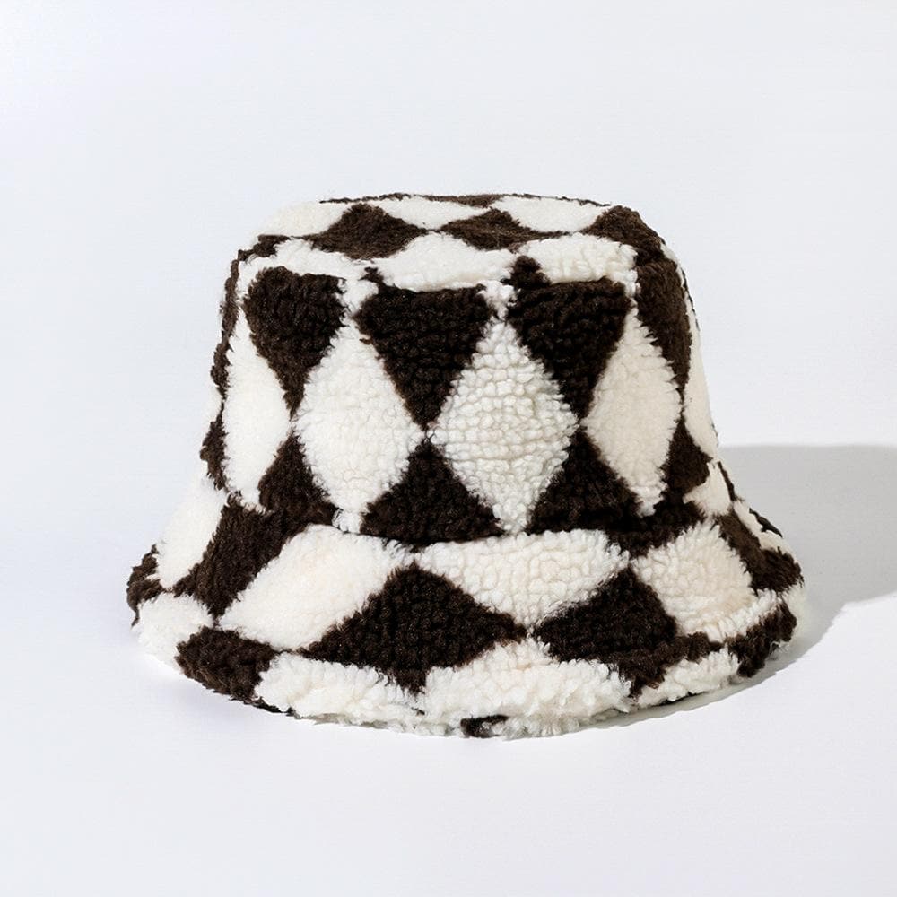 Plaid contrast fluffy fisherman bucket hat