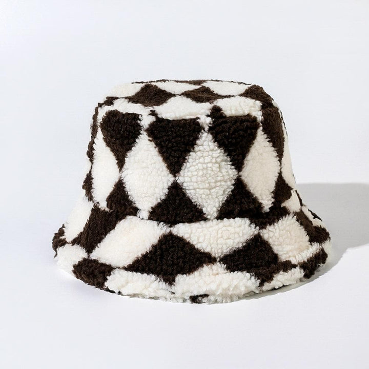 Plaid contrast fluffy fisherman bucket hat