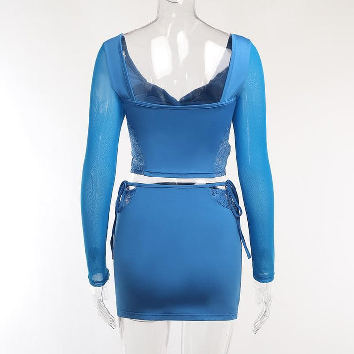 Knotted mesh solid long sleeve lace patchwork self tie mini skirt set