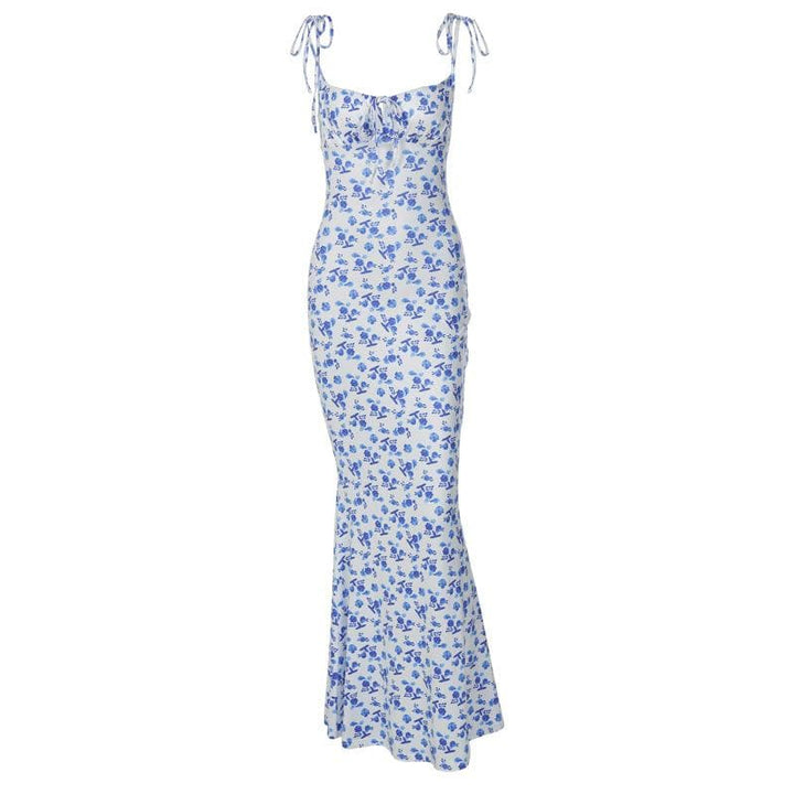 Flower print self tie backless mermaid hem maxi dress