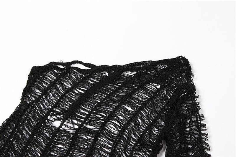Knitted see through one shoulder long sleeve solid crochet maxi dress-final-sale
