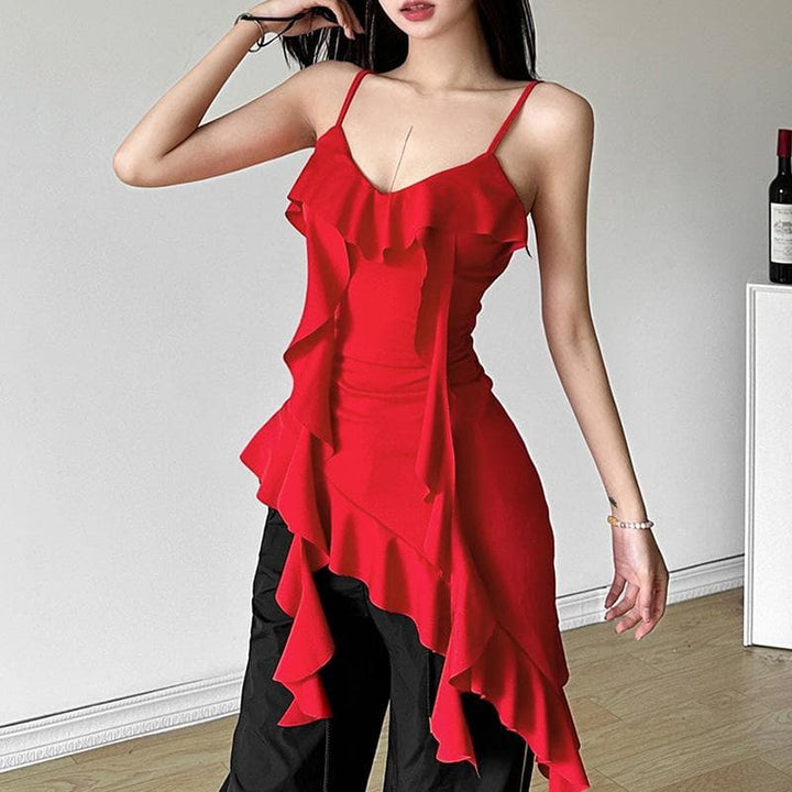 V neck irregular solid ruffle ruched cami top  | Festival Outfits Women