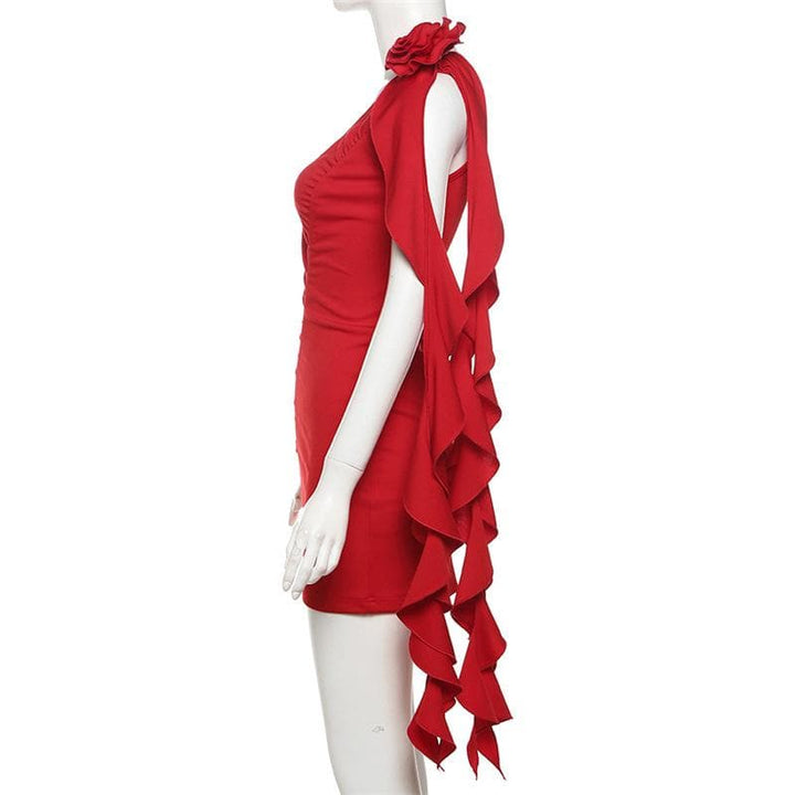 One shoulder flower applique ruched ruffle solid backless mini dress  | Festival Outfits Women