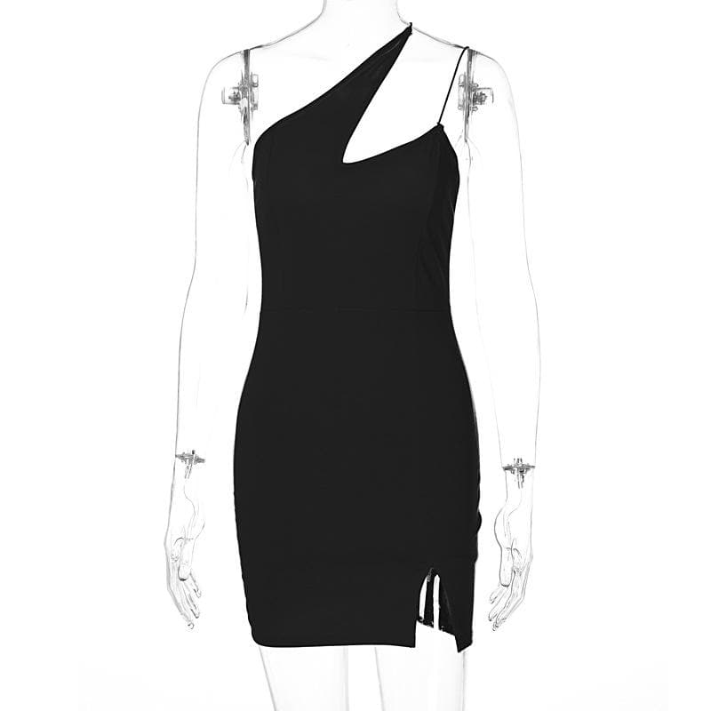 Hollow out slit solid sleeveless one shoulder backless cut out mini dress