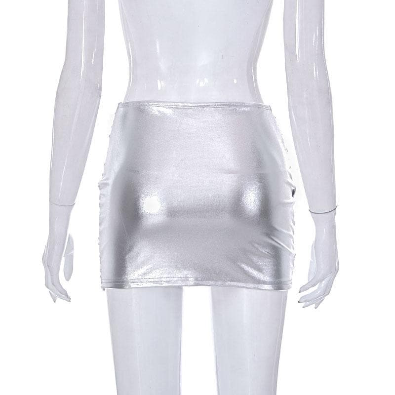 Cross front ruched metallic low rise mini skirt  | Festival Outfits Women