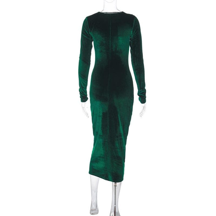 Velvet solid ruched long sleeve midi dress  | Festival Outfits Women