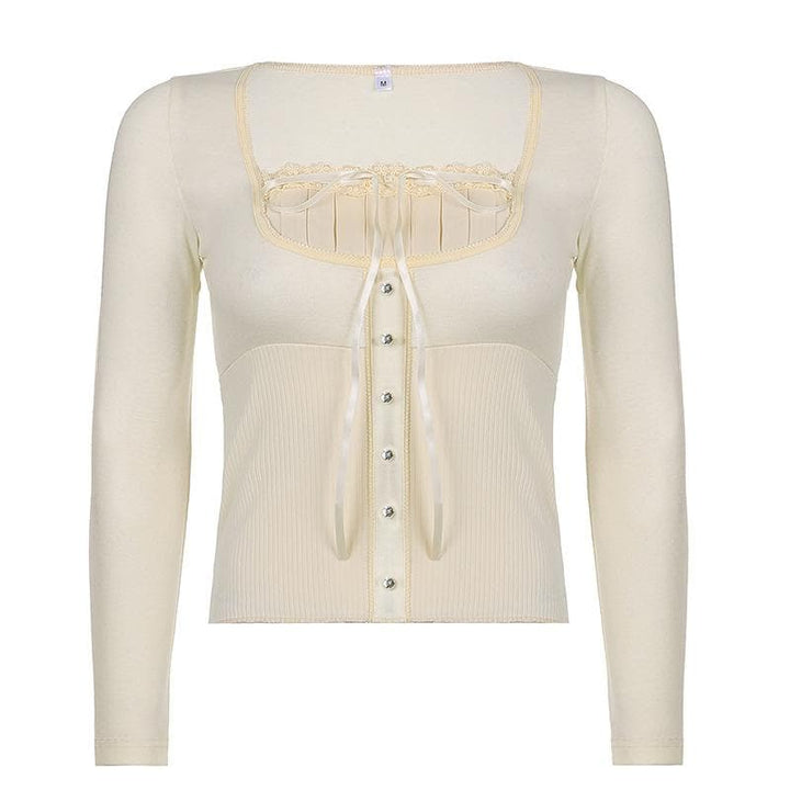 Solid long sleeve lace hem button self tie top