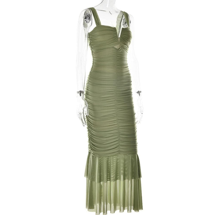 Solid ruched notch neck mesh zip-up ruffle maxi dress