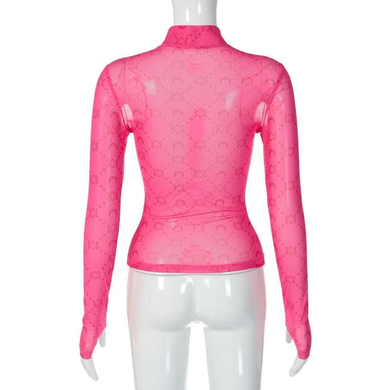 Sheer mesh see through solid long sleeve gloves print high neck top