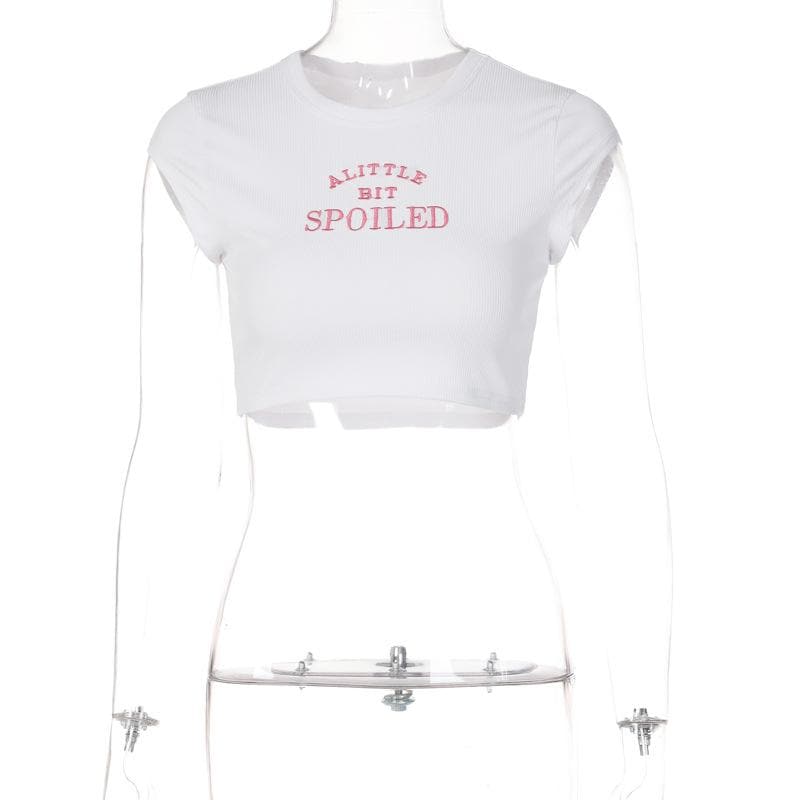 “SPOILED” embroidery contrast crewneck cap sleeve crop top
