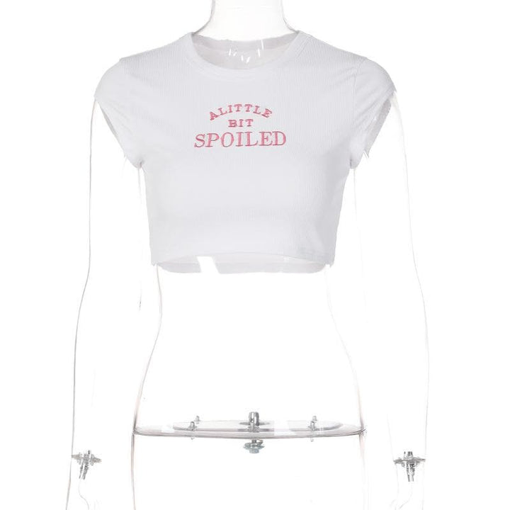 “SPOILED” embroidery contrast crewneck cap sleeve crop top