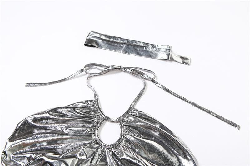 Metallic halter backless hollow out irregular ruched crop cut out top-final-sale