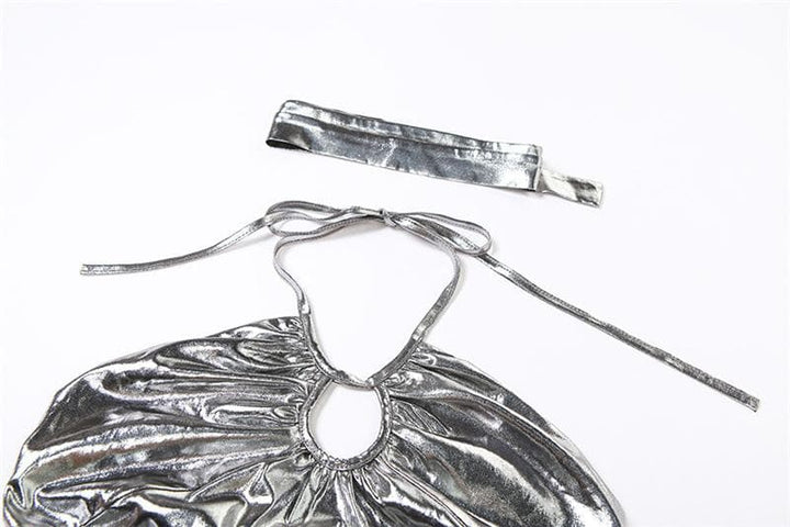 Metallic halter backless hollow out irregular ruched crop cut out top-final-sale