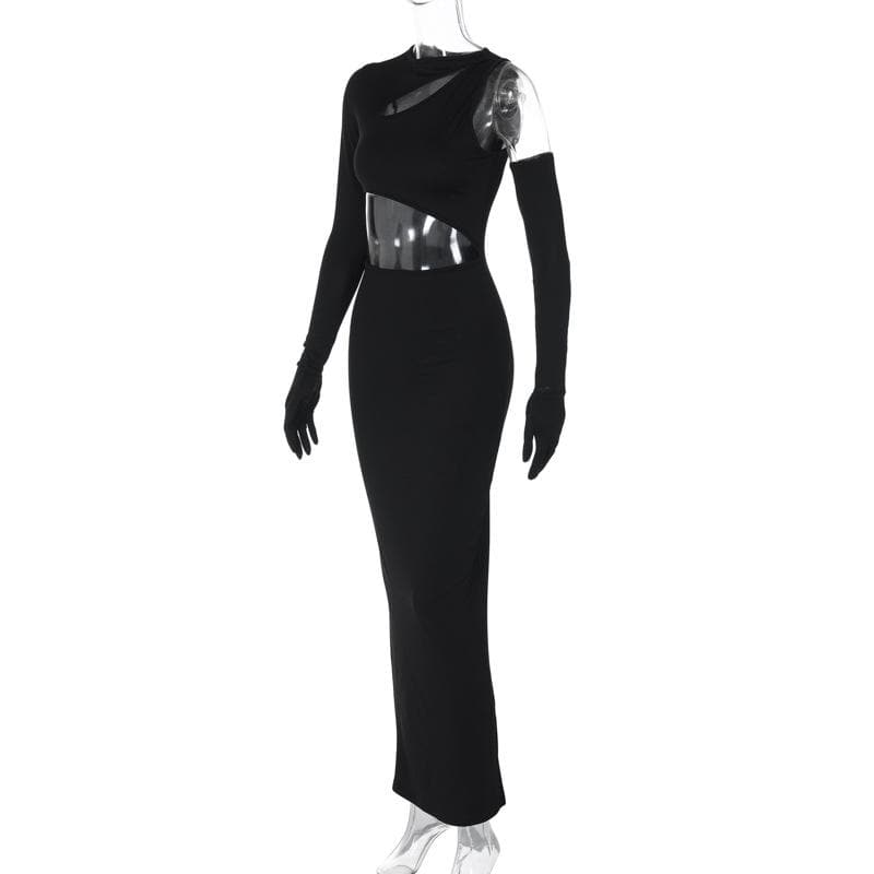Long sleeve gloves irregular hollow out crewneck cut out maxi dress  | Festival Outfits Women