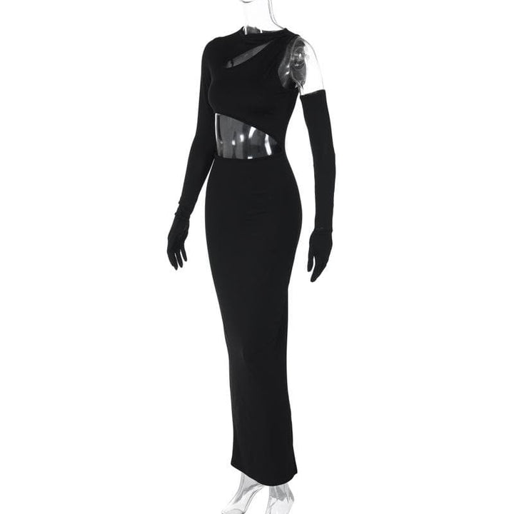 Long sleeve gloves irregular hollow out crewneck cut out maxi dress  | Festival Outfits Women
