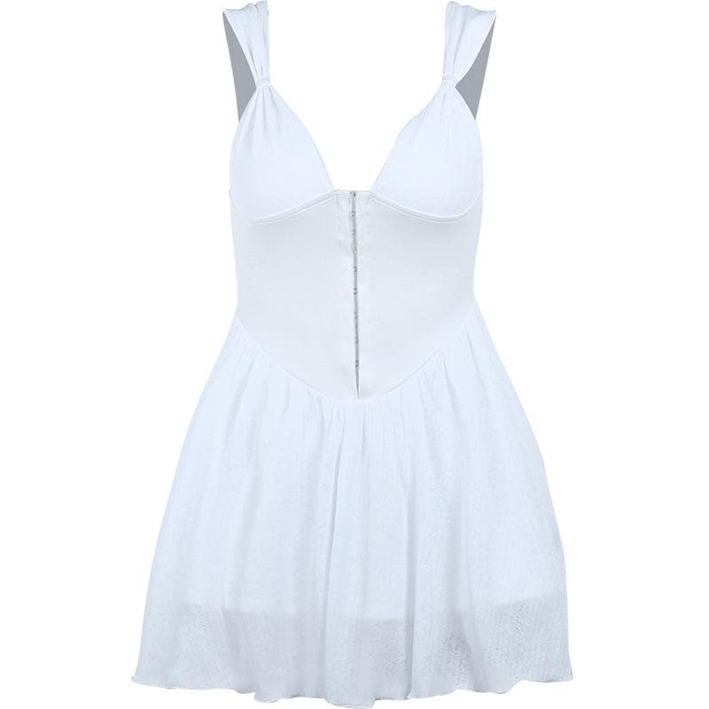 Button patchwork chiffon ruffle low cut mini dress - Final Sale