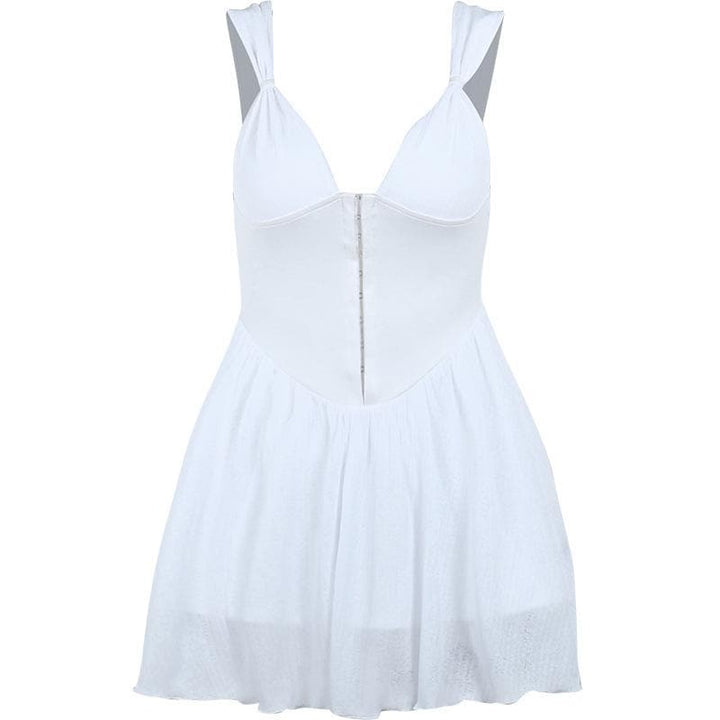 Button patchwork chiffon ruffle low cut mini dress - Final Sale