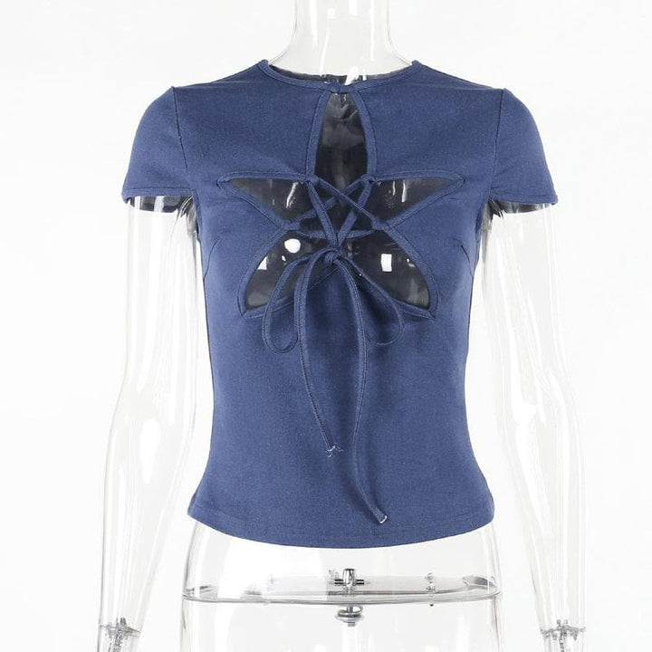Short sleeve crewneck hollow out denim self tie cut out top  | Festival Outfits Women