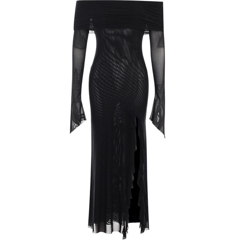 Off shoulder slit sheer mesh see through long sleeve maxi dress – Halibuy