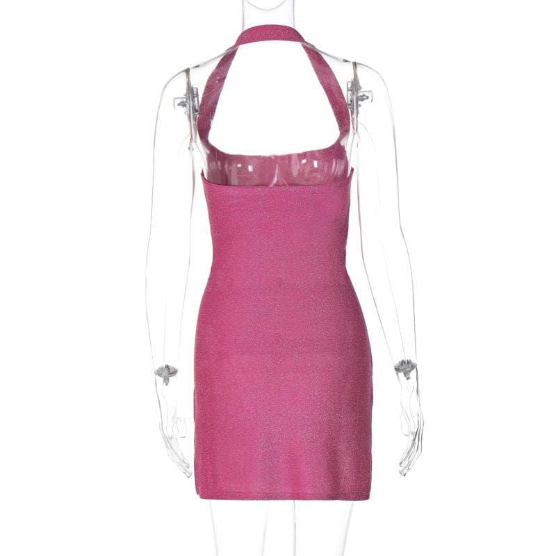 Halter o ring high slit glitter backless solid mini dress  | Festival Outfits Women