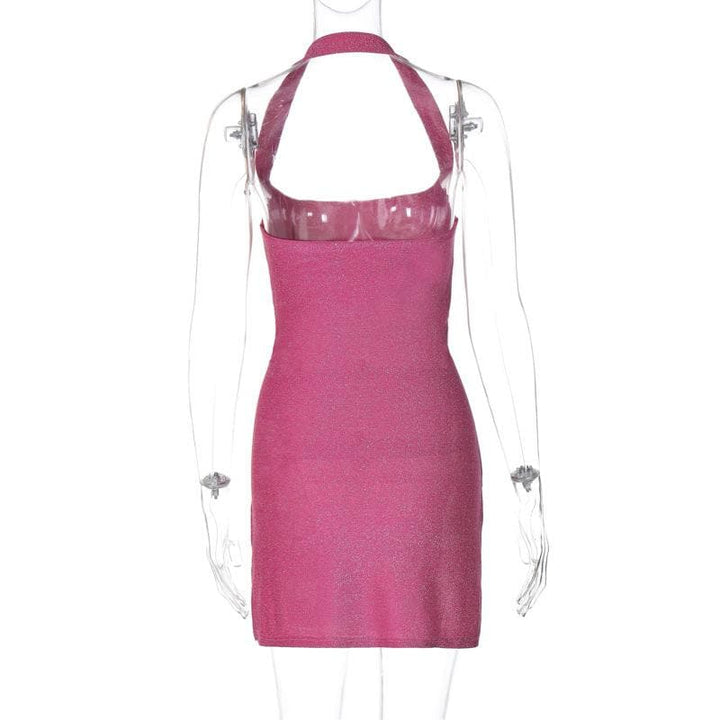 Halter o ring high slit glitter backless solid mini dress  | Festival Outfits Women