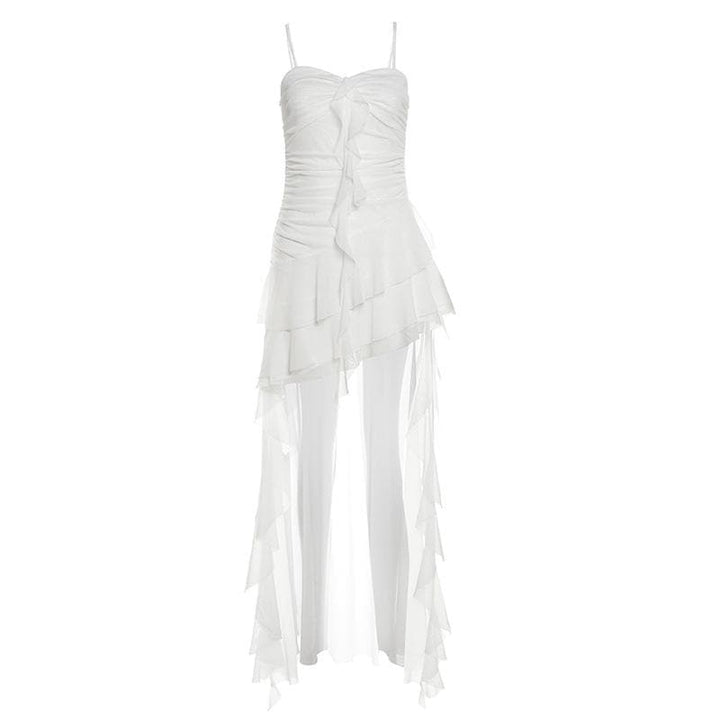 Ruched mesh ruffle sweetheart neck cami maxi dress  | Festival Outfits Women