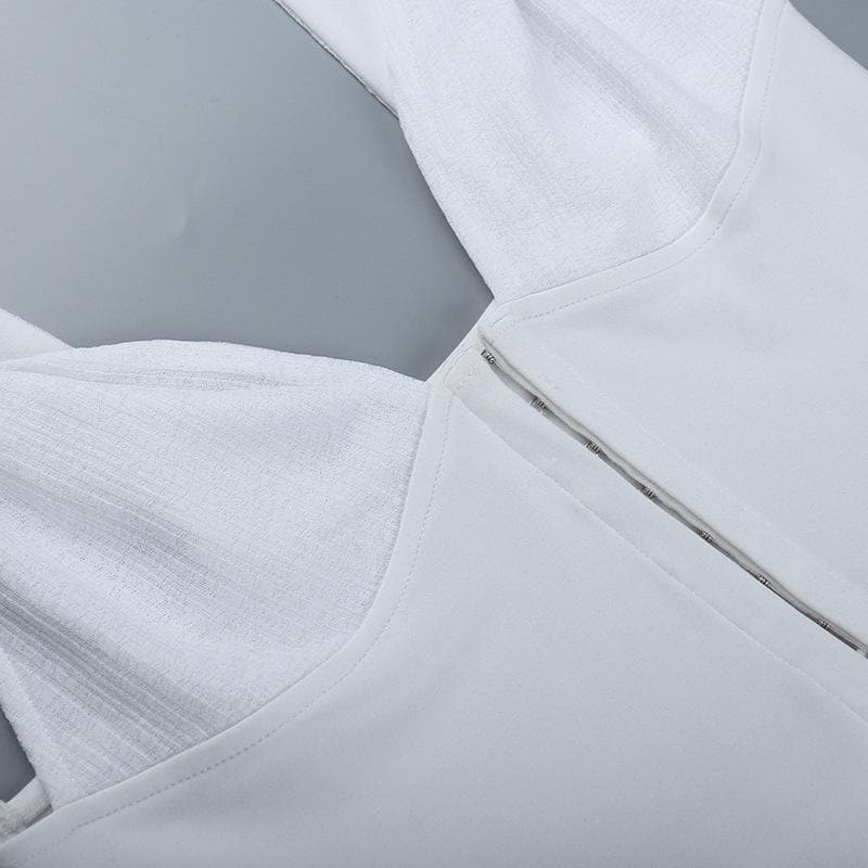 Button patchwork chiffon ruffle low cut mini dress - Final Sale