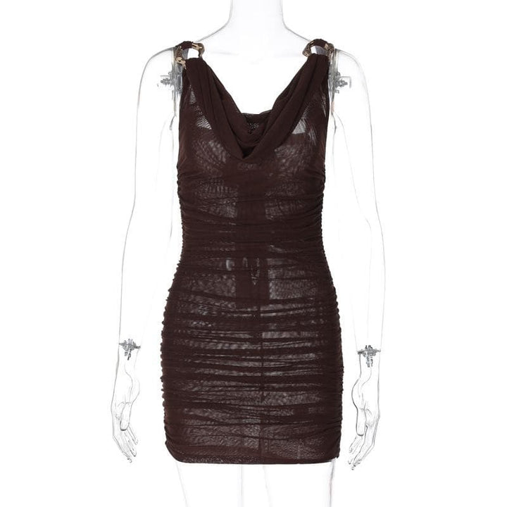 Cowl neck ruched o ring sheer mesh bowknot ribbon backless cami mini dress  | Festival Outfits Women