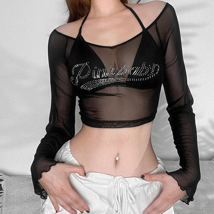 Mesh off shoulder long sleeve beaded halter 2 piece crop top | Mesh Long Sleeve Crop Top