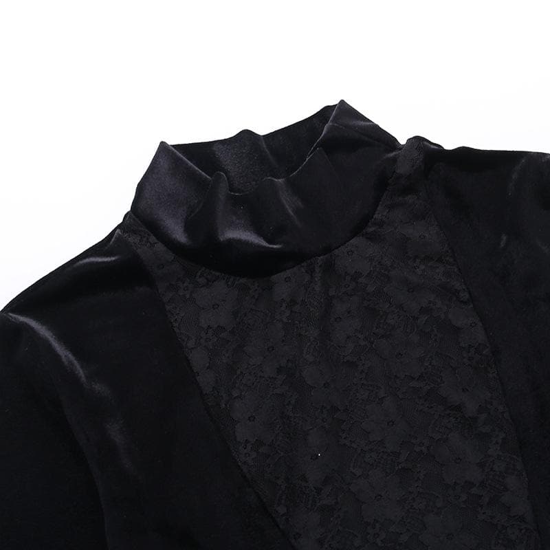 Velvet patchwork lace high neck flared sleeve crop top