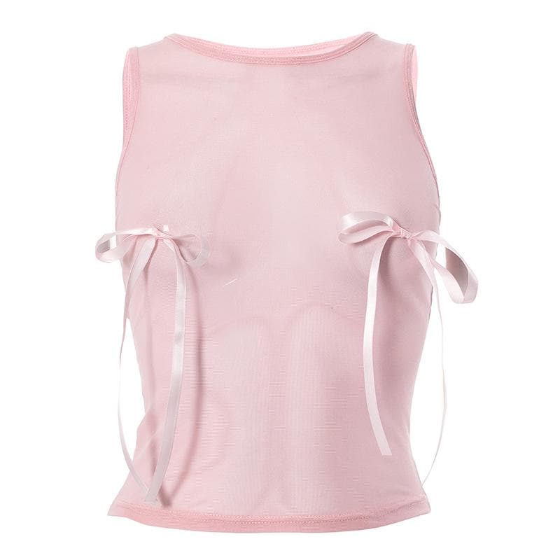 Sheer mesh see through bowknot sleeveless crewneck top - Final Sale