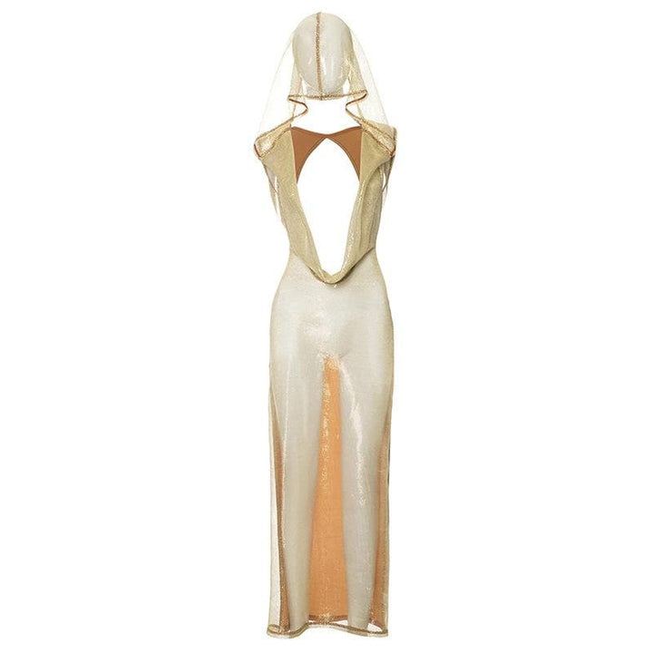 Hoodie cowl neck mesh see through backless maxi dress  | Festival Outfits Women