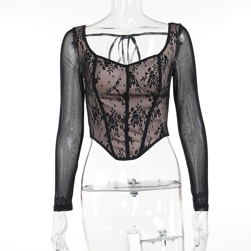 Lace contrast corset long sleeve zip-up self tie top  | Festival Outfits Women