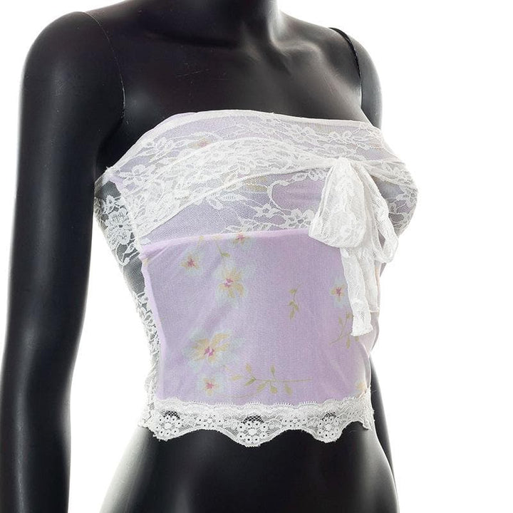 Sheer mesh lace self tie front floral print tube top