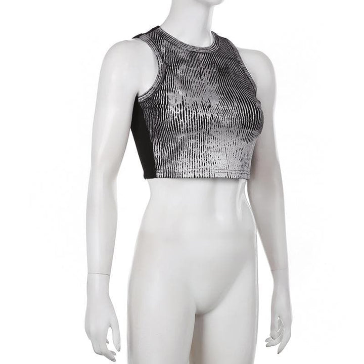 Textured contrast sleeveless crewneck patchwork crop top