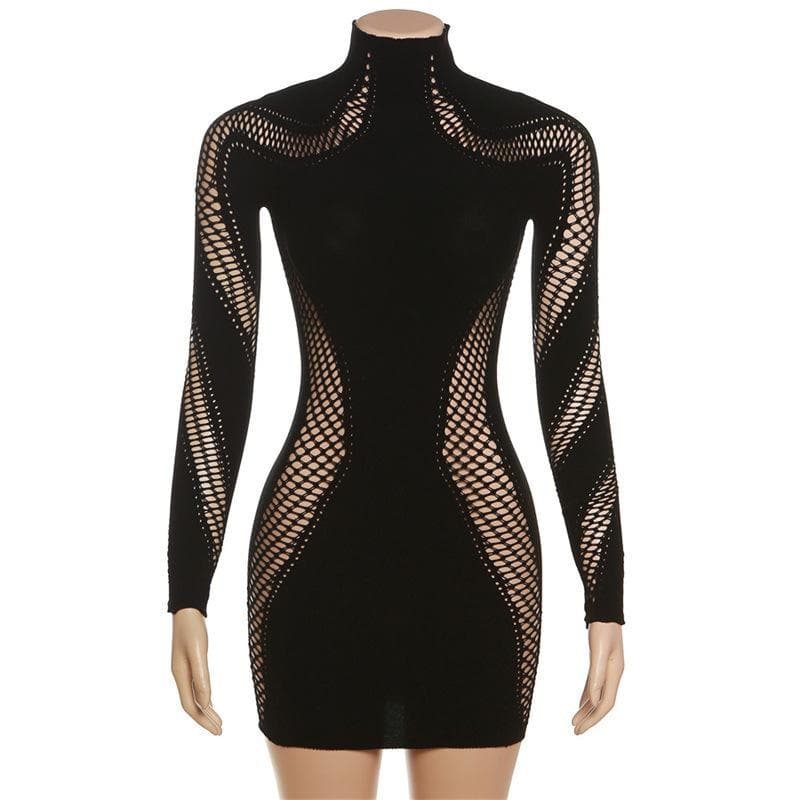 Hollow out solid long sleeve fishnet high neck cut out mini dress-final-sale